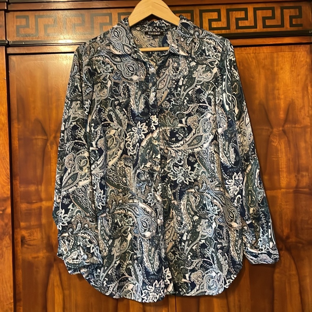 Roz & Ali 1X Paisley Button Down Blouse Blue Green Boho Flowy Women Plus Top - Picture 7 of 14